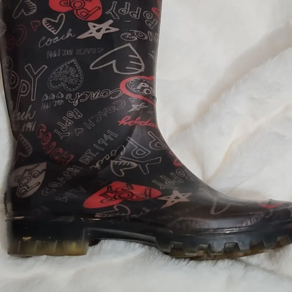 Coach Poppy Graffiti Rain Boots – Size 6 – Black/Red Logo Print